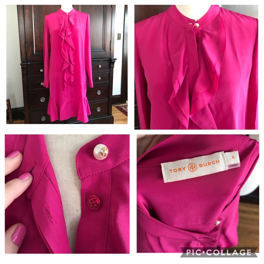 Tory Burch bright pink silky shirt dress sz 6